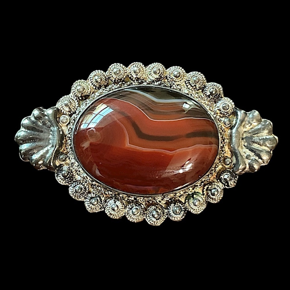 Large Antique Victorian Sterling Silver Agate C-Clasp Brooch